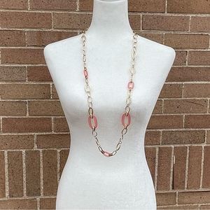 Peach & Gold Tone Acrylic Sparkle Oval Long Chain Necklace